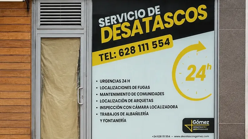 Escaparate rotulado del local de Desatascos GMAS en Canet de Mar