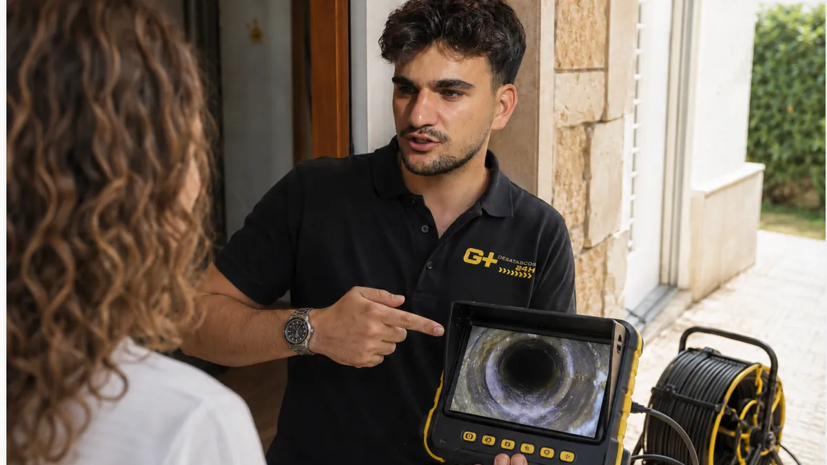 Técnico enseñando al cliente la pantalla de la cámara de inspección (imagen ilustrativa)