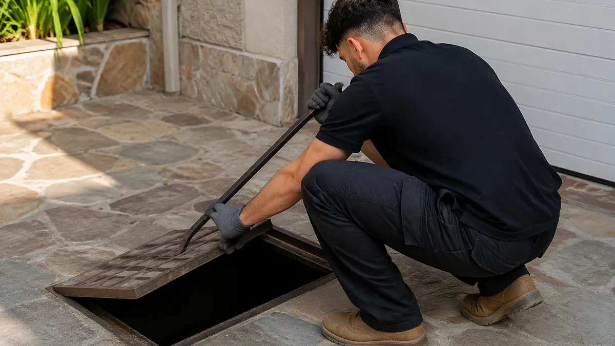 Técnico levantando la tapa de una arqueta con una barra (imagen ilustrativa)
